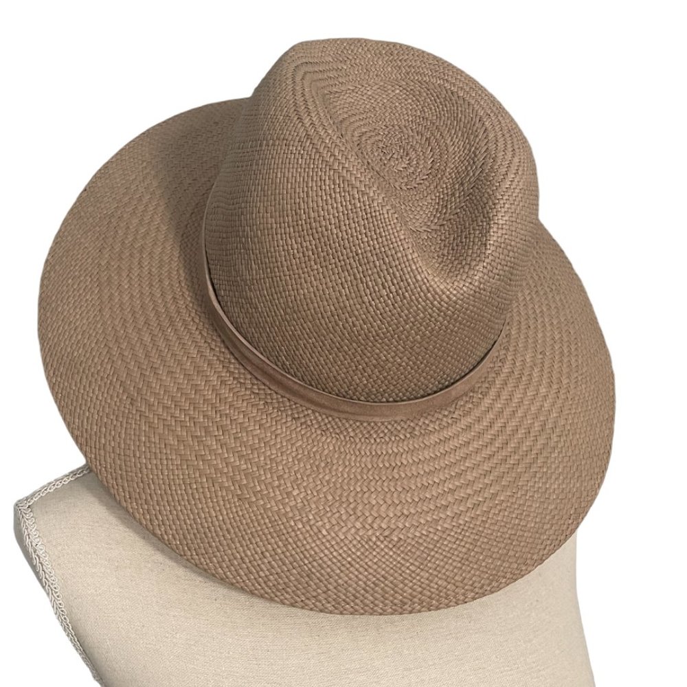 Janessa Leone Straw Sun Hat M medium fedora leather band beige tan